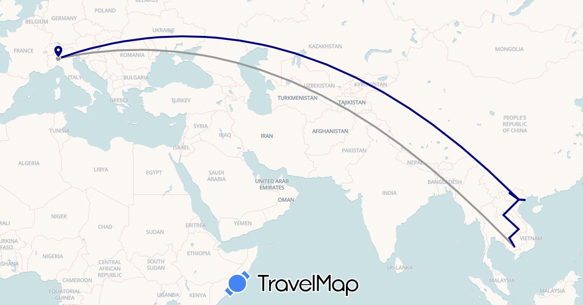 TravelMap itinerary: driving, plane in Italy, Cambodia, Laos, Vietnam (Asia, Europe)